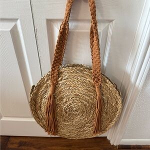 Woven Straw Circle Bag with Tan Accents